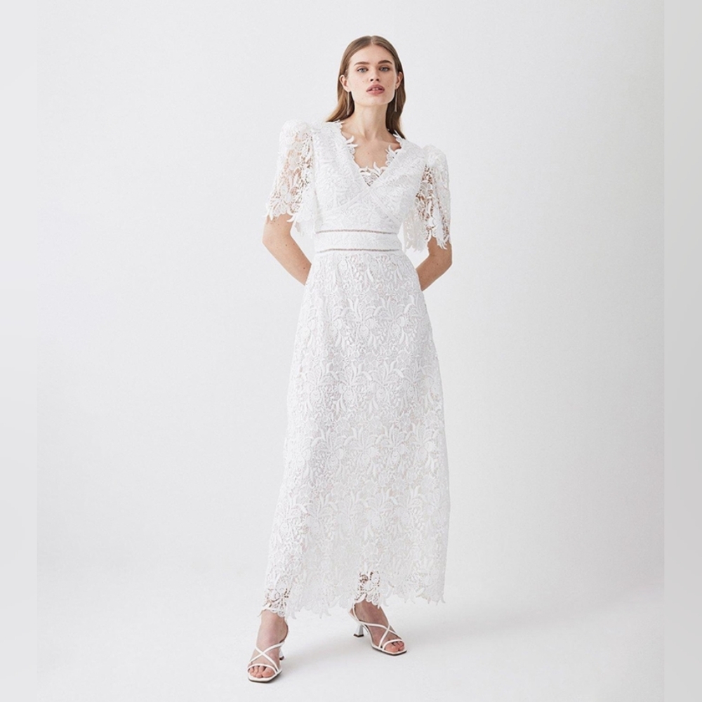 KAREN MILLEN Guipure Lace Flute Sleeved Woven Maxi Dress White 4